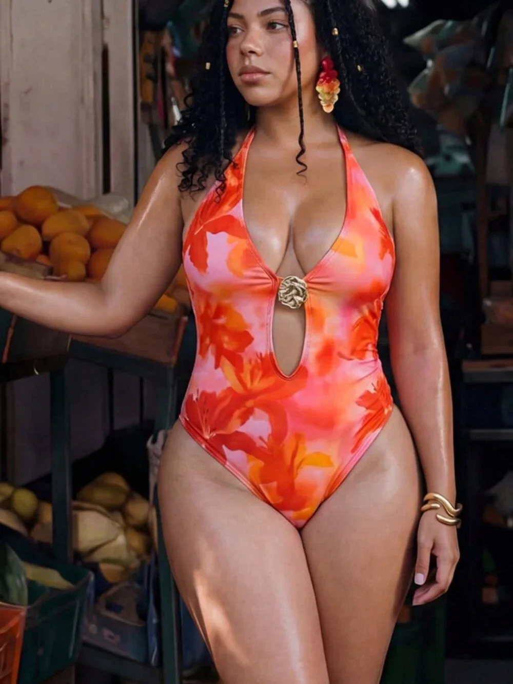 Orange Sexy Women's Plus Size Floral Print Halter One-Piece Suit
